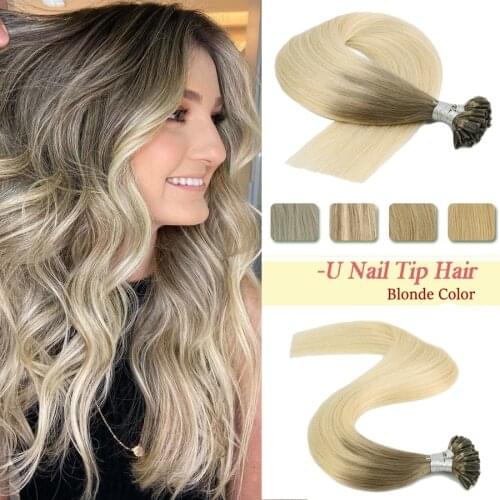 BLIY Human Fusion Hair Straight Machine Remy Pre Bonded U Nail Tip Keratin Hair Extensions 50pcs 12"-28" Platinum Blonde Color