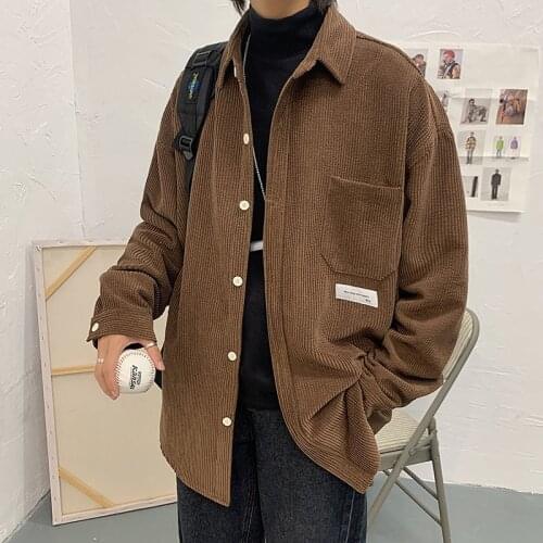 Black/Coffee/White Corduroy Shirt Mens Fashion Retro Pocket Casual Shirt Men Autumn Korean Loose Long-sleeved Shirts Mens M-2XL