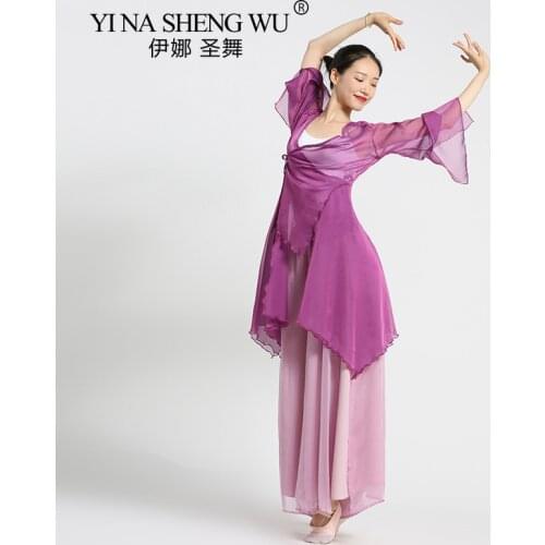 Summer Ladys Fairy Dance Shirt Flared Sleeve Light Dancwear Irregular Long Top Loose Harem Pants Performance Classical Dance