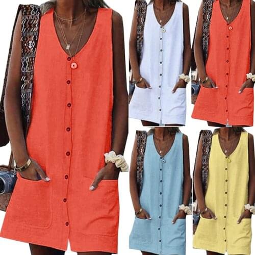 Sundress Sleeveless Women Summer Dress 2021 Boho Style Sexy Vest Dress Mini Button Pockets Solid Beach Dress Female Vestidos