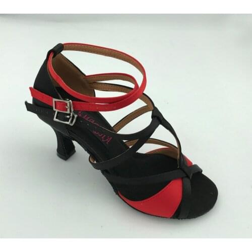 Fashional ballroom latin dance shoes salsa tango shoes black red satin for women 6232BR