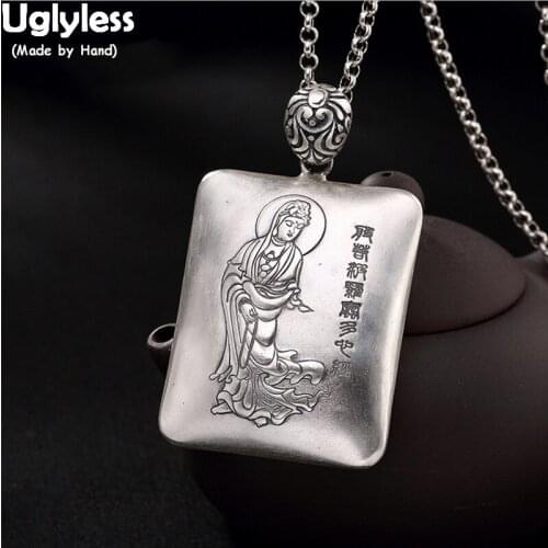Uglyless Bodhisattva Pendant Heart Sutra Square Necklaces for Buddhists Real 99.9% Silver Buddha Pendants Women Religious Gifts