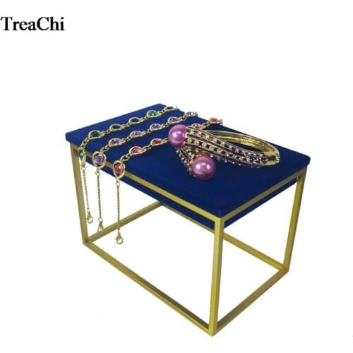 Gold Stainless Steel Jewelry Shop Window Display Shelf Jewelry Counter Display Cabinet Blue Velvet Bracelet Ring Display