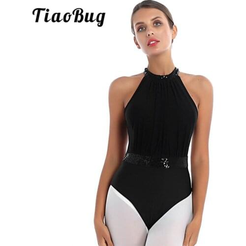 Women Adult Dance Wear Sequins Sleeveless Halter Bodysuit Gymnastics Leotard Stage Performance Figure Skating Ballet Costume