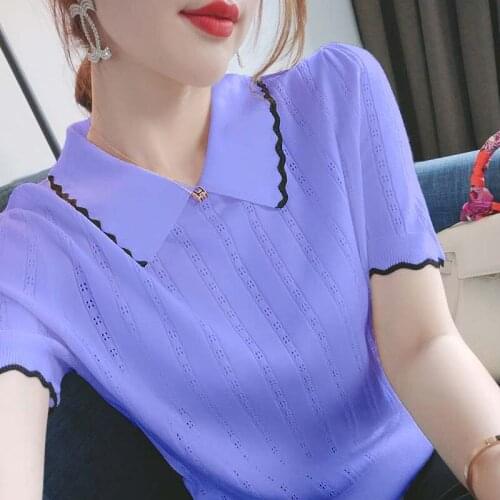 2021 summer ice silk T-shirt womens short sleeve hollow sweater doll collar solid color short coat