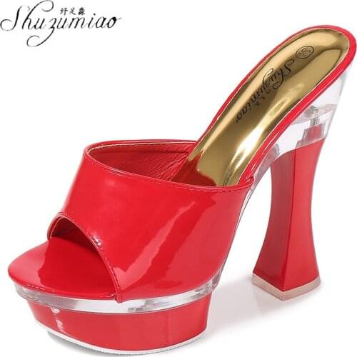 SHUZUMIAO Women Sandals Summer High Heels Slippers Women Slides Square Heels Platform Heels Pumps Party Female 2021