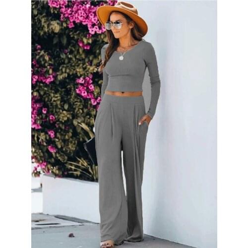 Womens Long-sleeved Trousers Suit Fashion Solid Color Crop Top and Loose Elastic Wide-leg Pants Casual Sets