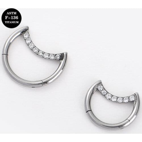 16G Implant Grade Titanium Cubic Zircocn Moon Hinged Segment Ring Clicker Hoop Nose Septum Daith Conch Piercings Body Jewelry