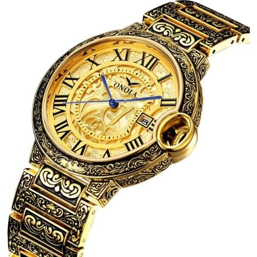 2021 new fashion retro mens large plate gold watch quartz stainless steel steel band watch men gold watch