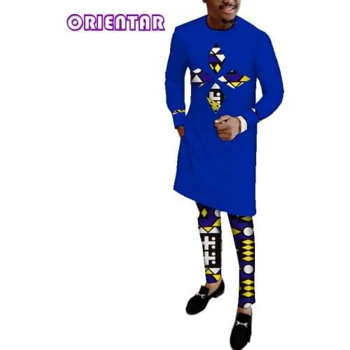 African Clothes for Men Long Sleeve Dashiki Shirt and Long Pants Bazin Riche African Print Cotton Men African Outfit Suit WYN513