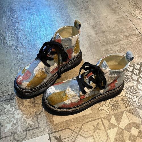 Lisapie Womens Martin boots Lace-Up Flat Platform Thick Bottom Female Shoes Graffiti Casual Round Toe Canvas booties Flat Boots