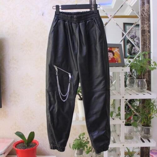 Autumn Winter Womens High quality genuine leather casual pants Chic Chain leather Cargo pants C599