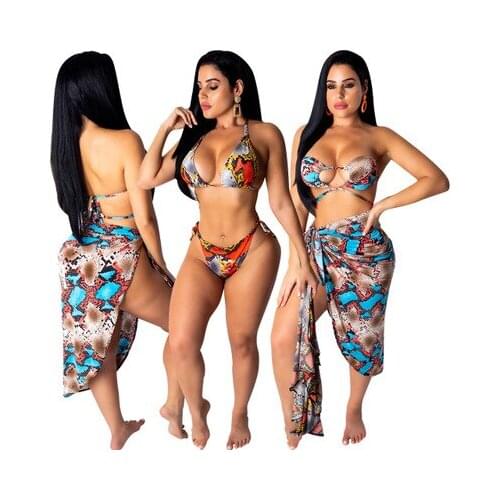Women bikini and cover up set snakeskin 3PCS Summer Swimwear Women Beach Wear Bikini Set Swimwear+Cover Up Bathing Suit