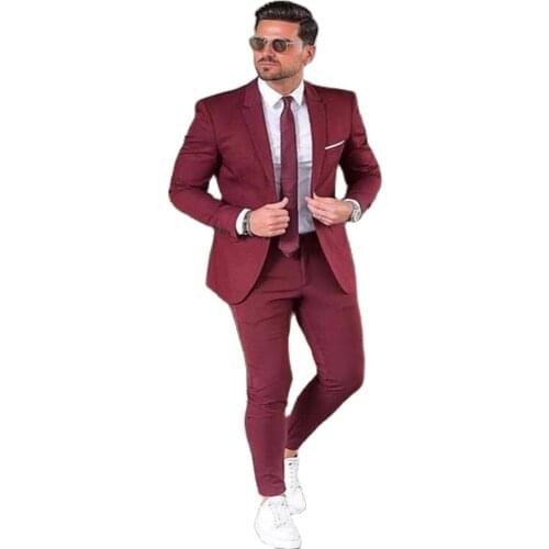 Elegant Custom Burgundy Men Suit Blazers For Party Prom 2 Pieces Jacket + Pants Groom Wedding Suits Notched Lapel Mens Tuxedos