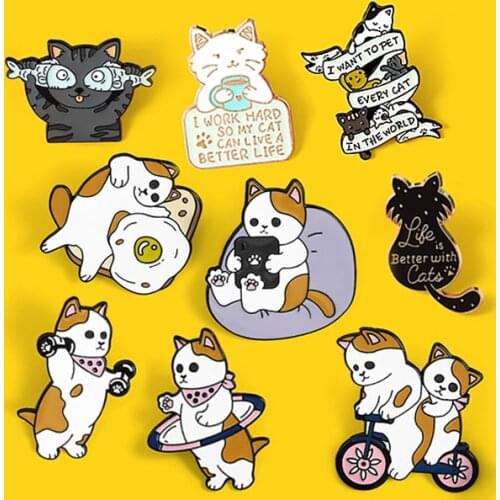 Animal Cat Enamel Pins"Live is berrer wiht cats"Custom Brooches Bag Clothes Lapel Pin Cat Lovers Badges Funny For Kids Jewelry