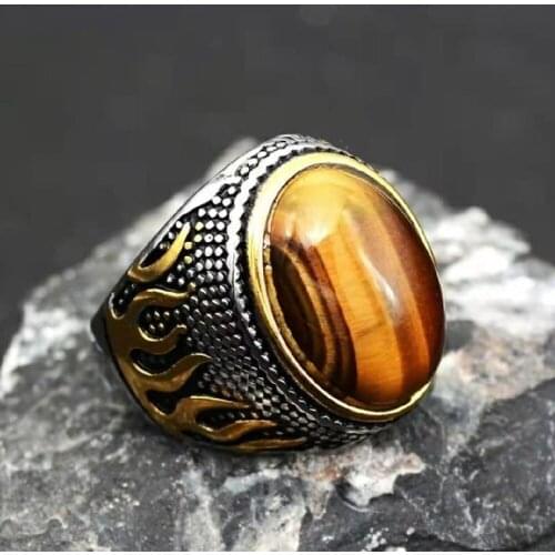 Stainless Steel Rings For Men Punk Dark Yellow Oval Stone Black Ancient Middle East Arabic Style vintage Carved Pattern Jewelry