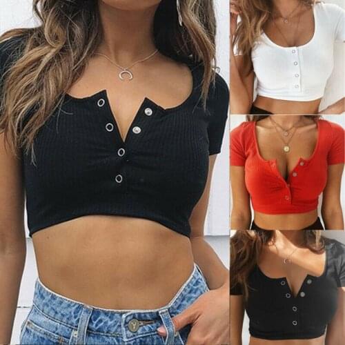 Womens Summer Slim Short T-Shirt Sexy Womens V-Neck Tank Tops T-Shirt Short Sleeve Solid Color Button Crop Top Clubwear Top