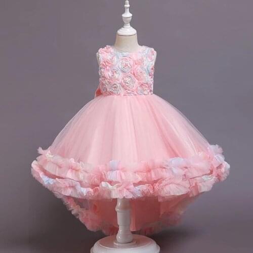 Lace 3D flower Embroidery Formal Sleeveless Wedding Gown Tutu Princess Dress Children Clothing Kids Party For Girl Clothes