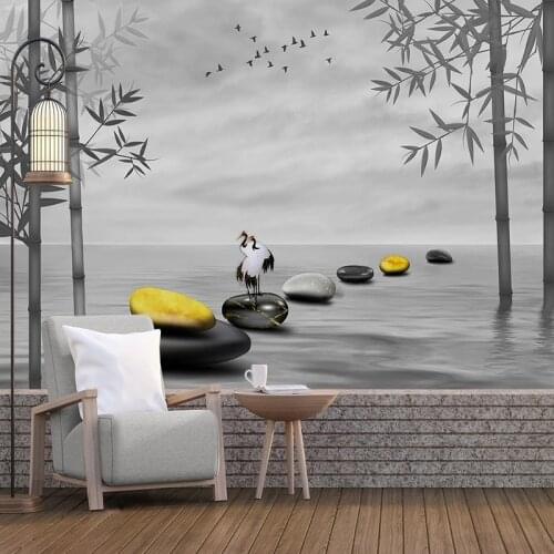 New Chinese Ink Style Wall Art Decor Stickers Custom Self-adhesive Mural Bamboo Pebble Waterproof Wallpaper Pegatinas De Pared