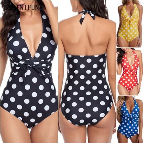 2021 New Sexy Polka Dot Print Monokini Women Deep V Swimsuit Wrap One Piece Suit S-2XL Girl Backless Halter Swimwear Beachwear
