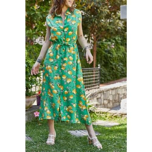 Lemon Patterned Sleeveless Shirt Dress