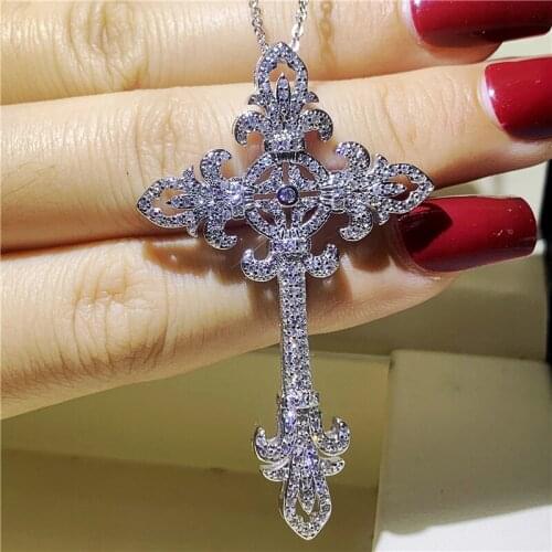 Big Cross Female Flower pendant necklace 925 Sterling silver AAAAA Cz Vintage Party wedding Cross Pendant for women Jewelry