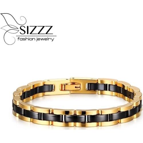 SIZZZ 7.5MM Wide Tungsten Steel&Ceramic Gold Black Color Bracelet&Bangles For Men