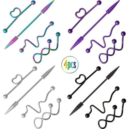 4Pcs Industrial Earring Piercing Jewelry Pack Industrial Barbell Earrings Bar Stainless Cartilage Tragus Piercing Jewelry
