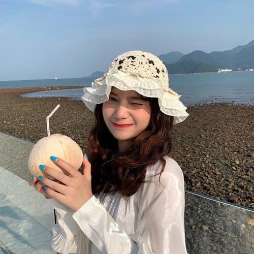 Lace Knit Hollow Bucket Hats Women Crochet Thread Hat Flower Cute Girls' Sweet Romance Sunshade Knitted Breathable Hat Female