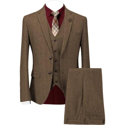 Wool Tweed Mens Business 3 Pieces Suit Casual Blazer Prom Brown Tuxedo Green Shawl Lapel Dinner Party Jacket For Wedding Grooms
