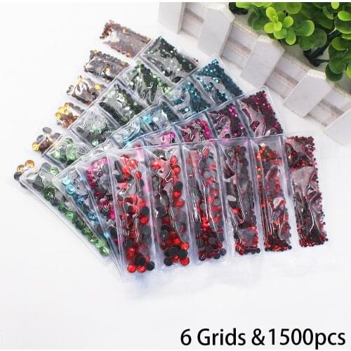 All Size Rhinesstones Mix 1500pcs 6 Grids Flatback Shiny Crystals Strass Nails Rhinestones Trim Hotfix Rhinestones For Clothes