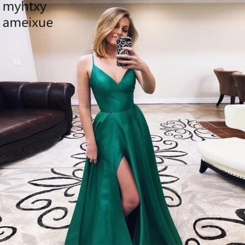 2020 Dark Green Sexy Spaghetti Straps Event Prom Dresses Long Floor Length Front Split Satin Simple Formal Party Dress For Women