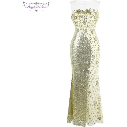 Angel-fashions Sheer Round Neck Sequin Splicing Evening Dresses Mermaid Wedding Party Gown Champagne 454