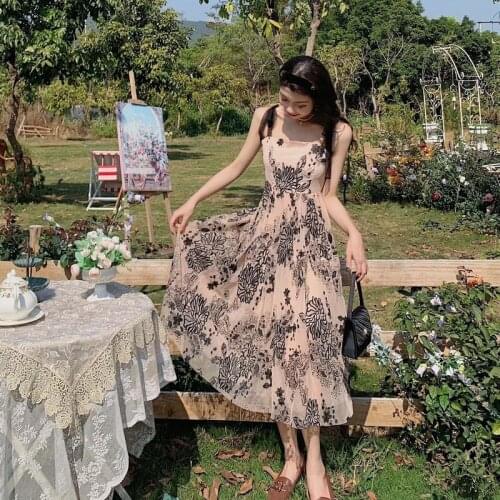 Hstar 2021 Vintage Floral Strap Midi Dress Women French Elegant Sweet Lace-up Print Dress Holiday Casual Beach Summer Dresses