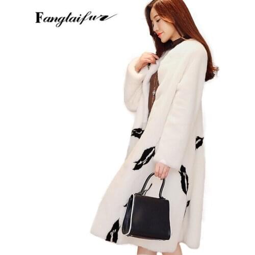 Ftangaiur 2021 Winter Women Import Velvet Mink Fur Coat O-Neck Print Causal Mink Coats Womens Medium Loss Real Mink Fur Coats