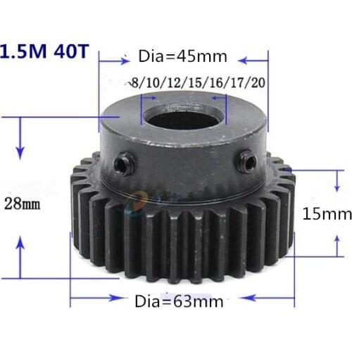 Tooth quenching thickness 15mm Spur Gear pinion 1.5M 40T Spur gear 1.5M40T boss gear bore 8-25 high frequency black tooth
