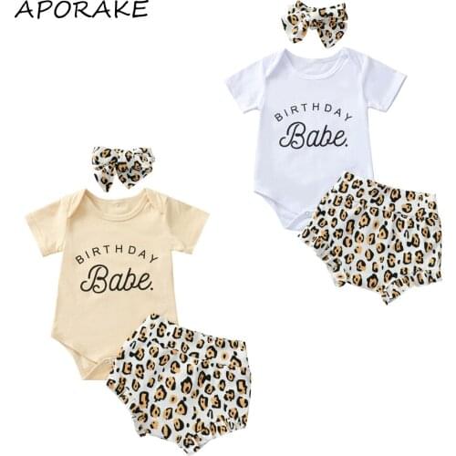 2021 0-24M Casual Kids Baby Girl Clothes Set Letter Print Short Sleeve Romper+Leopard Shorts+Headband Summer 3pcs Outfits