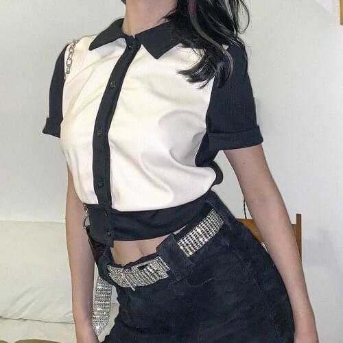 2021 Hot Women Summer Fashion Short Sleeve T-shirt Lapel Black and White Stitching Button Crop Tops Lady Sexy Party Clubwear