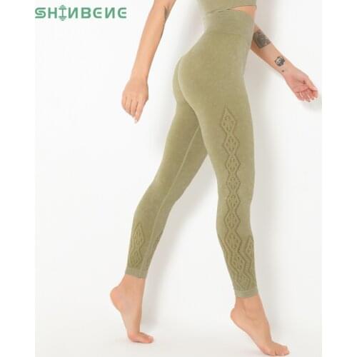 SHINBENE ACID WASHED Seamless Gym Exercise Sport Leggings Women Ribbed High Waisted Running Fitness Workout Tights Yoga Pants