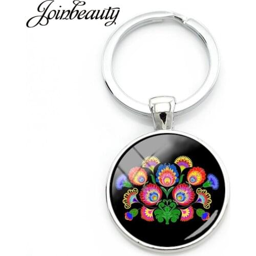 JOINBEAUTY Polish Folk Patterns Glass Cabochon Keychain Classical Flower Print Key Chain Ring Jewelry Pendant Keychian PF45