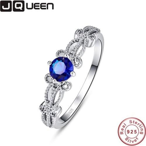 JQUEEN Wholesale Simple Round Blue CZ Stone 925 Sterling Silver Ring Woman Luxury Trendy Wedding bands bride Ring Bague Femme