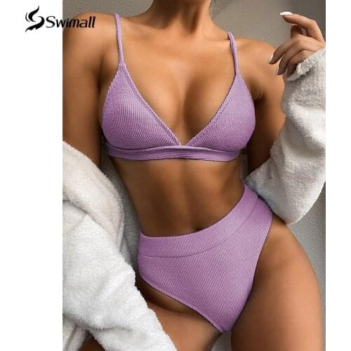 2020 Solid Sexy High Waist Bikini Set Women Swimsuit Push Up Swimwear Ribbed Biquini Bathing Suit Summer Bather Female
