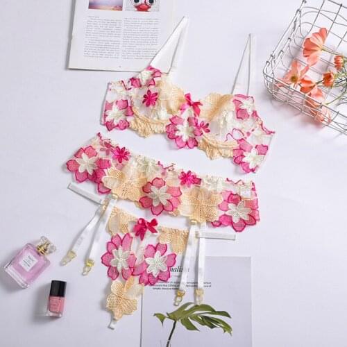 3 Pieces Set Women Sexy Floral Embroider Lingerie Underwear See-Through Erotic Costumes Bra Sensual Lingerie Exotic Underwire