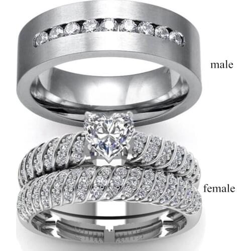 Fashion Couple Rings Women White Heart Ring Crystal Men Single Row Wedding Bridal Engagement Valentine Day Gift