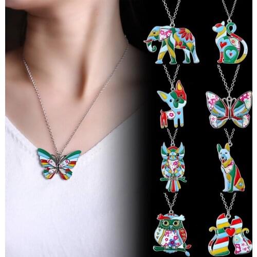 Fashion Enamel Alloy Elegant Floral Colorful Cat Dog Owl Necklace Pendant Collar Animal Jewelry For Women Girl Pet Lovers Gift