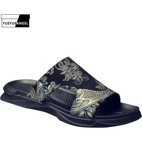 Vintage Folk Style Men Outdoor Soft-Soled Slippers Korean Style Summer New Denim Cloth Embroidery Light Breathable Comfortable