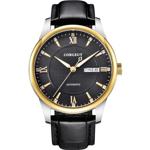 CORGEUT Brand Mens Sapphire Miyota Automatic Date Day Leather Diamond Gold Case Watch Mechanical Black Dial Watch часы мужские
