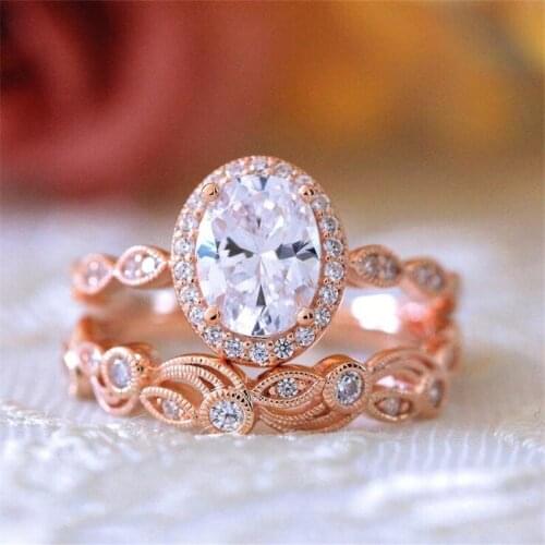 New Arrival Vintage Jewelry Couple Rings 925 Sterling Silver&Rose Gold Fill Oval Cut White Topaz CZ Diamond Women Bridal Ring