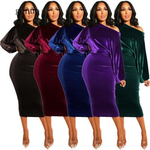 Women New 2020 Spring Winter Off Shoulder Long Sleeve High Waist Velvet Bodycon Dress Office Lady Pencil Party Dresses 5 Colors