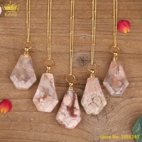Natural Cherry Blossoms Agates Stone Essential Oil Perfume Diffuser Bottle Pendant Necklace Women Gold Perfume Vial Jewelry Gift